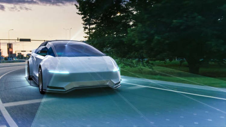 Autonomous Self-Driving 3D Car Moving Through City Highway. Visualization Concept: AI Sensor Scanning Road Ahead for Vehicles, Danger, Speed Limits. Day Urban Driveway. Front Following View