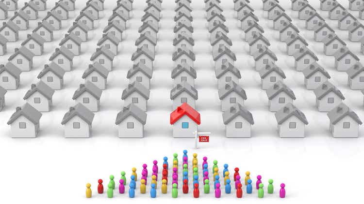 Housing shortage supply demand crisis housing inventory 3d concept illustration with people lining up to buy houses