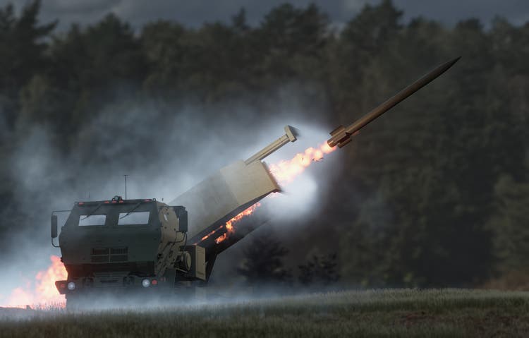 High Mobility Rocket Artillery System during firing