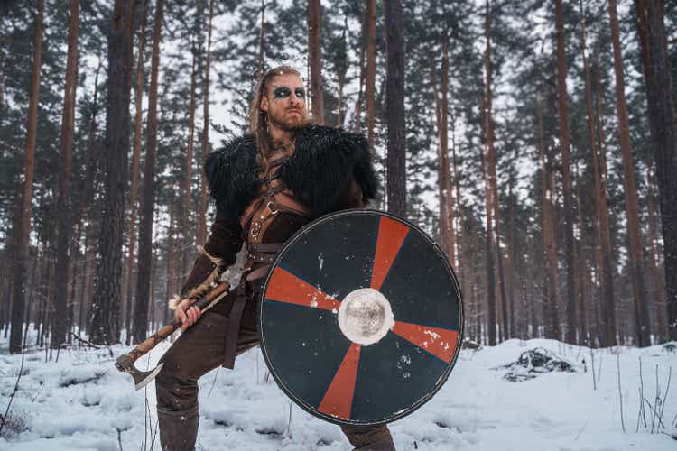 Viking Warrior with Axe and Shield in Snowy Woods