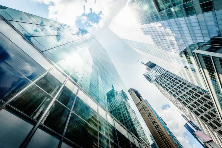 Towering skyscrapers in Wall Street, New York City