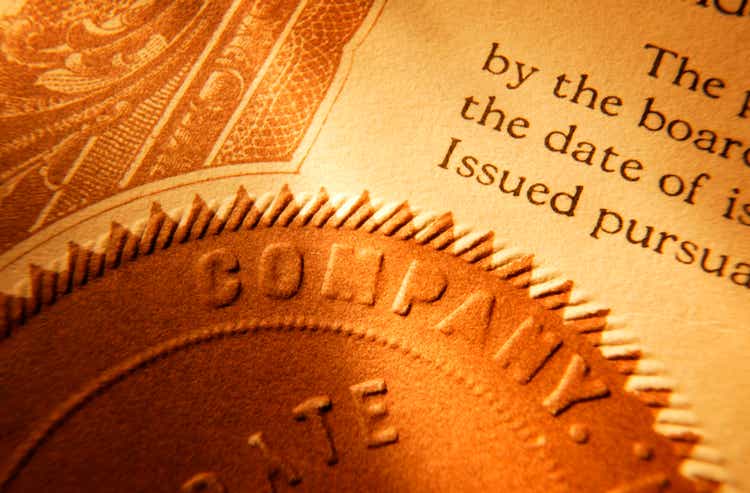 Close up of a company seal on old stock certificate