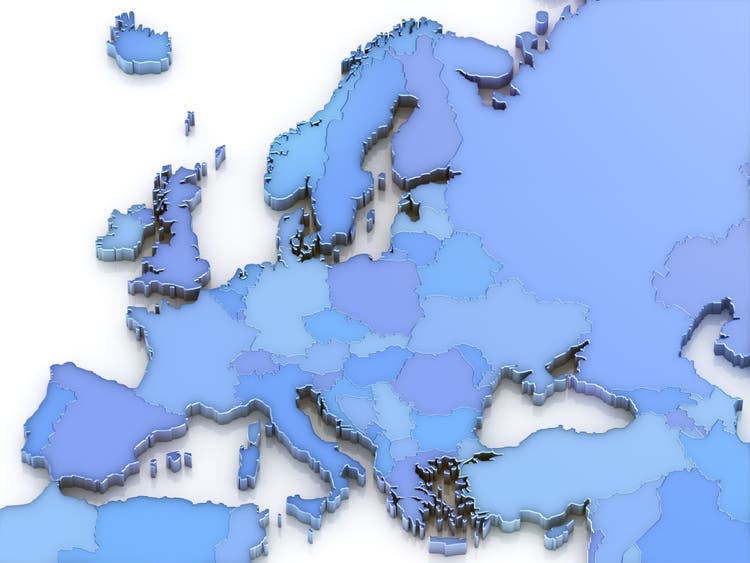 Blue map of Europe showing countries