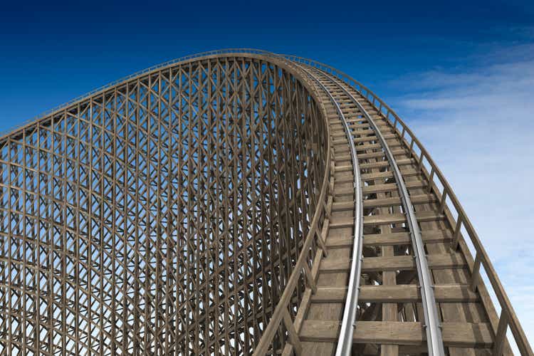 Wooden roller coaster track at park