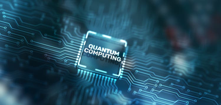 Quantum computing concept. The inscription on the processor icons