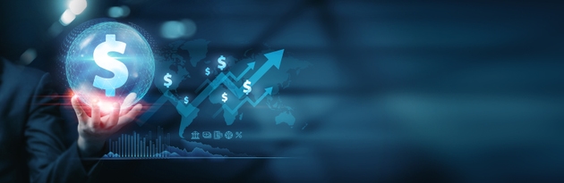 Finance professional pointing icon with specialized financial services, Strategies for financial development in the global market on global network.