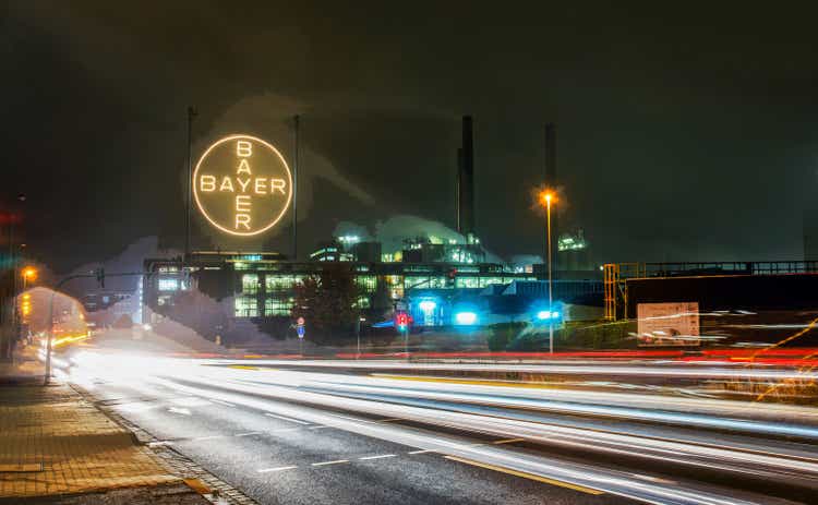 Sign BAYER on buildings of chemical industry in Leverkusen