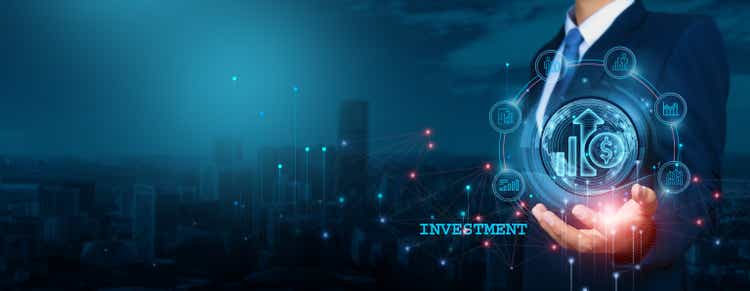 Businessman analyzing investment growth opportunities and company valuations, and developing strategies and plans for target investments. conducting an analysis of market trends.