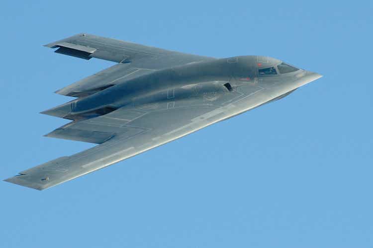 Close-up photo of a B-2 stealth bomber in flight