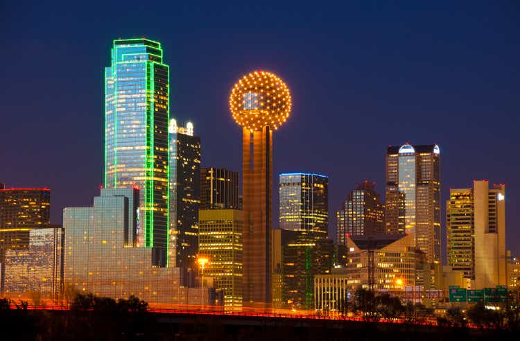 Dallas skyline at dusk - the highrisers are all lit up