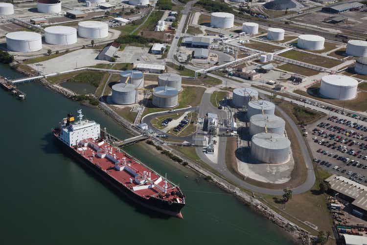 Aerial View of Crude Oil Tanker and Storage Tanks