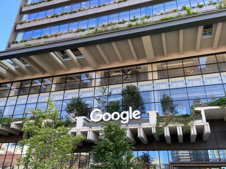 Google sign on the facade of 550 Washington Street in Hudson Square, NYC