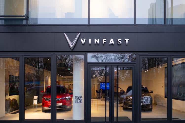 Advertising banners of Vinfast, showroom vingroup Sales Office, emblem, concept Advertising and Marketing in Automotive Industry, Vietnamese automobile manufacturer, Frankfurt - December 8, 2023