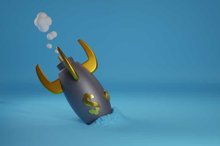 Spaceship with dollar sign crashed to the ground with copy space. 3d illustration.