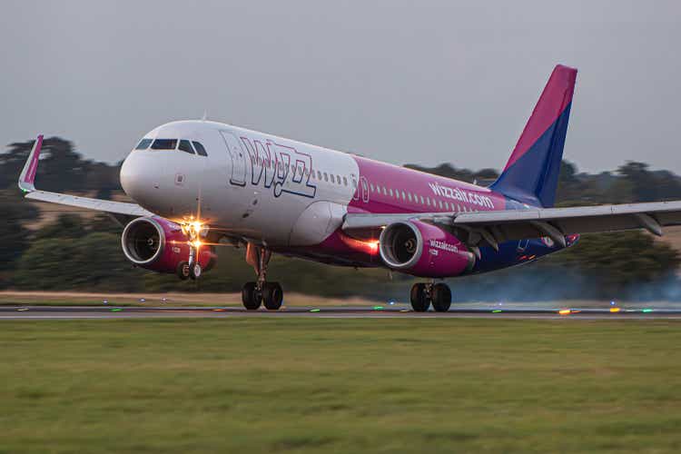 Hungarian low cost airlines Wizzair landing at London Luton airport.