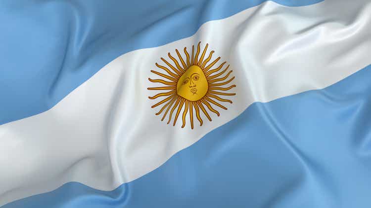 The flag of Argentina with a sun on white lines on a blue field