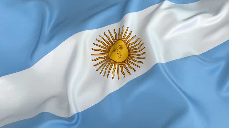 Argentina flag with sun on white stripe on blue background