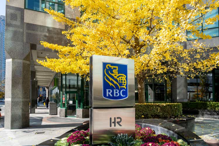 Toronto, Canada - October 28, 2020: RBC office building at Front Street West in Toronto’s business district. RBC (Royal Bank of Canada) is a financial services company.