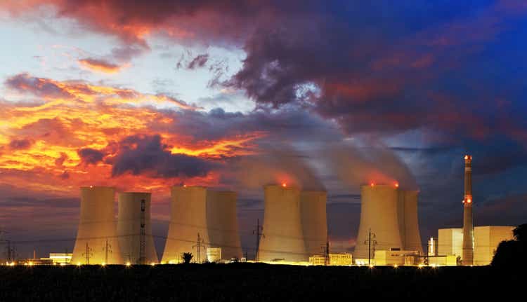 View of nuclear power plant at night