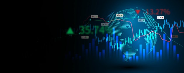 Background image of technology, financial graphs, stock markets on a global network