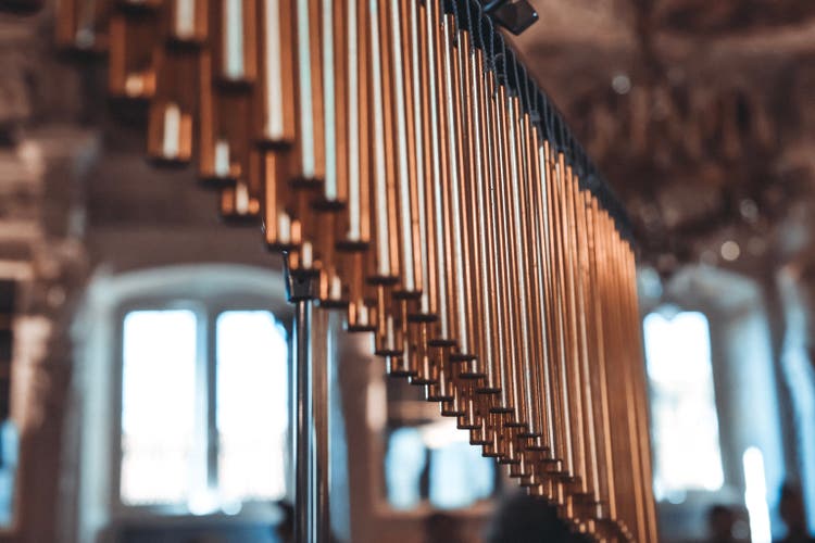 Bar chimes percussion. Tubular Bell. Live music. Music concept, selective focus