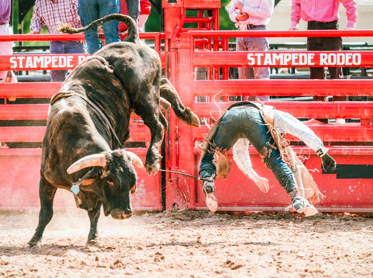 Rodeo cowboy thrown from bareback bull