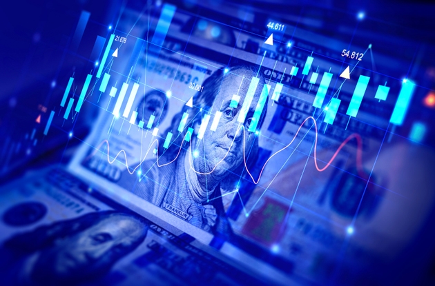 Dollars 100 banknotes with stock market chart graph for currency exchange and global trade forex concept.