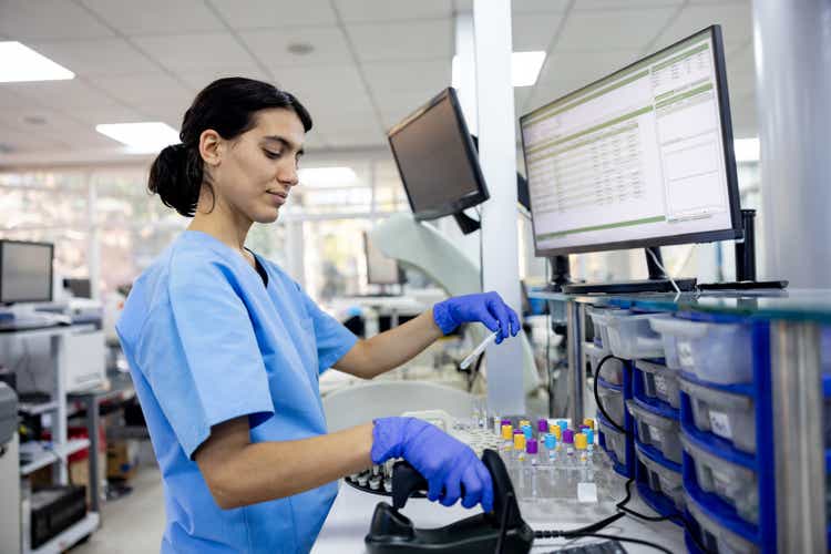 Hematologist analyzing medical samples at a hospital laboratory
