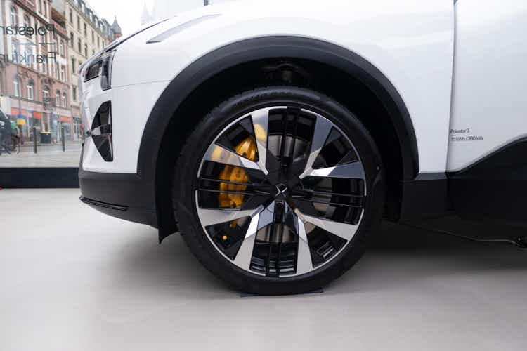 new white electric crossover Polestar 3 Swedish company Polestar in showroom, trends in use EV in contemporary Europe, technological advancements in automotive industry, Frankfurt - November 9, 2023