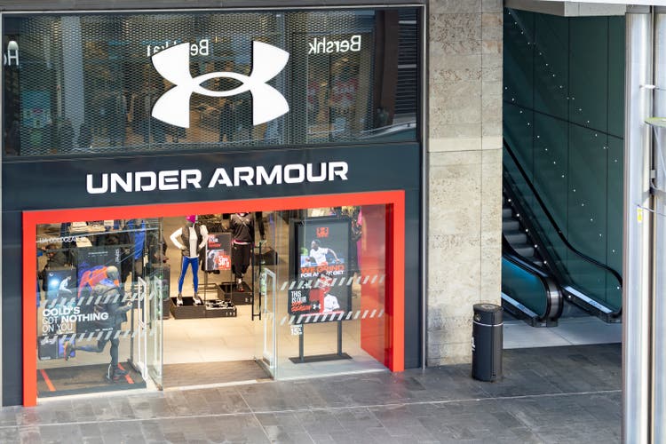 Under Armour storefront at Liverpool one retail. an American company that manufactures footwear, sports and casual apparel.