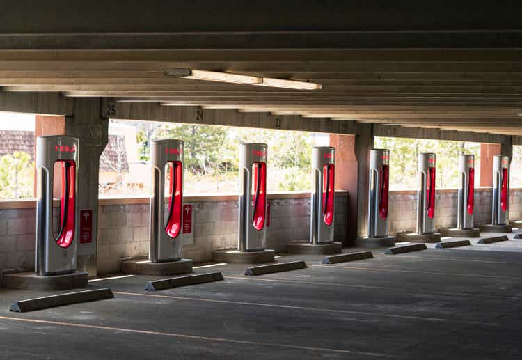 Tesla EV Chargers in Empty Parking Garage