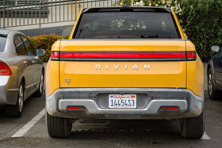 Yellow Rivian truck