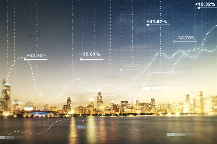 Multi exposure of creative statistics data hologram on Chicago skyscrapers background, stats and analytics concept