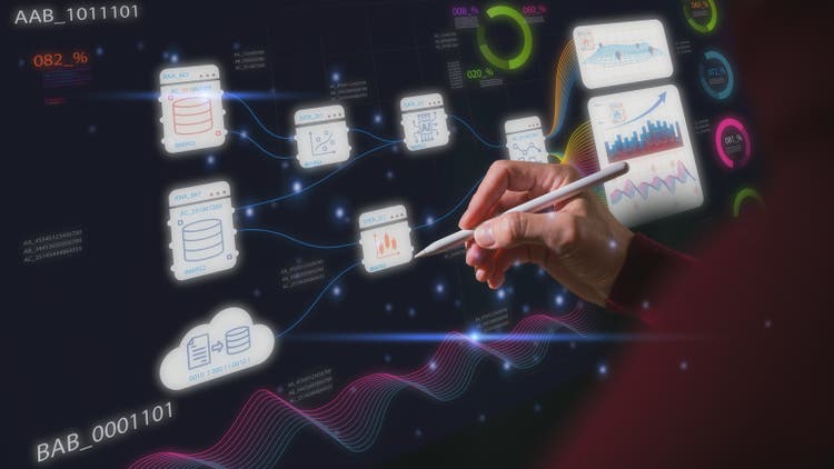 DevSecOps Software development cycle programming concept, software development IT operations, man using pen and tech icons in agile methodology environment, coder or sysadmin working with system