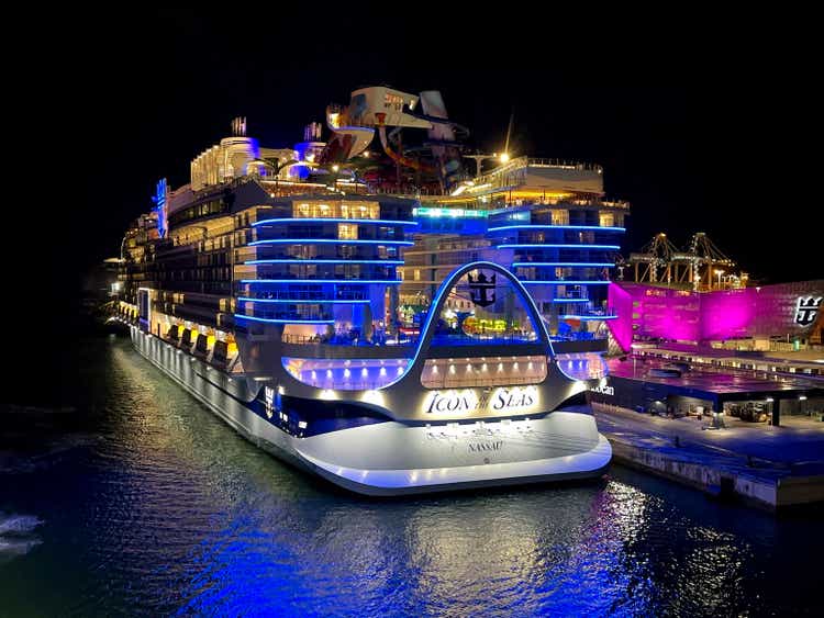 World’s biggest cruise ship Icon of the Seas in the port of Miami at night