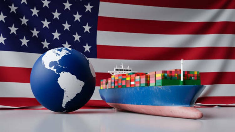 Import and Export Cargo Ships and America"s Economic Background. 3d rendering
