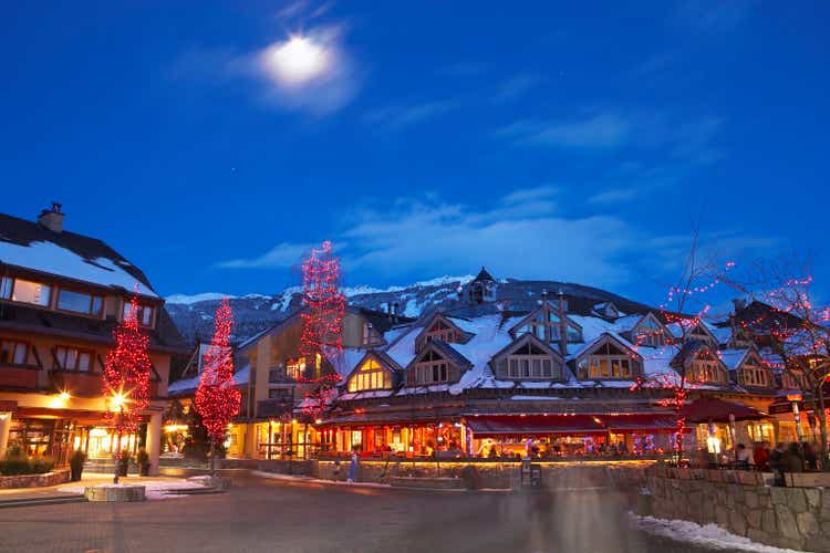 Canada, British Columbia, moon over Whistler Village at dusk