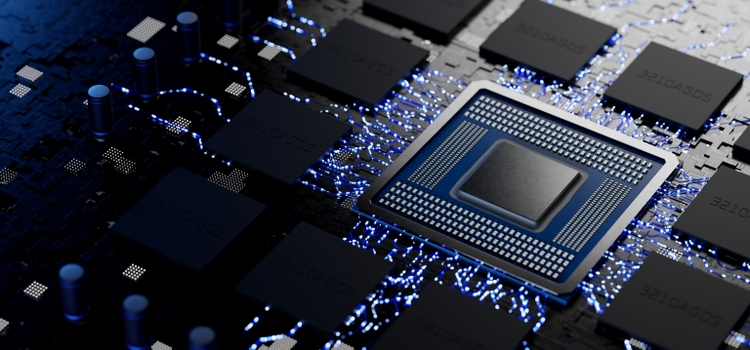 x86, ARM and RISK-V architecture processor on the motherboard. Abstract microchip. Electronic board. CPU. Graphics processor. Neuro processor. Abstract concept of microelectronics technology. 3D rendering.