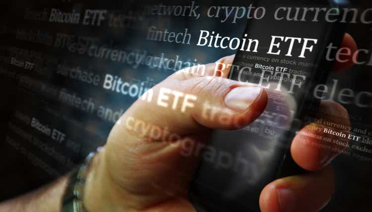 Bitcoin ETF BTCETF news titles on screen in hand 3d illustration