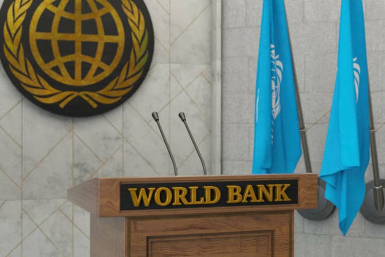 World Bank Press Conference or Speech Concept with Flags in a Row.