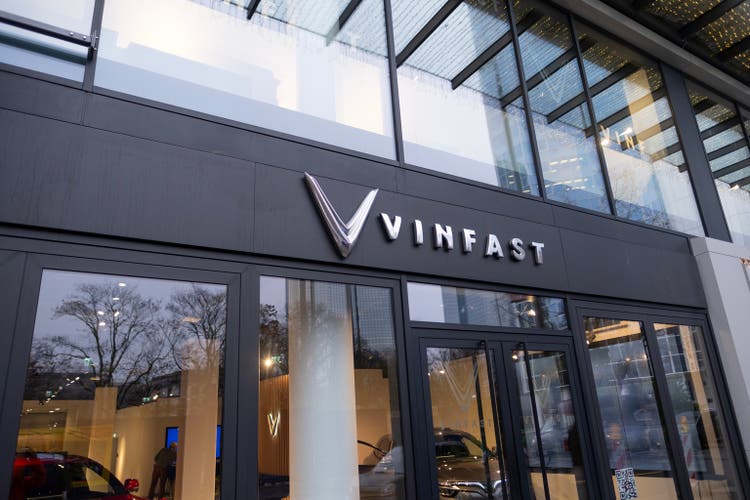 Advertising banners of Vinfast, showroom vingroup Sales Office, emblem, concept Advertising and Marketing in Automotive Industry, Vietnamese automobile manufacturer, Frankfurt - December 8, 2023