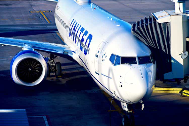 United Airlines Boeing 737 Max 8 at Gate, Denver International Airport, Colorado (<a href=