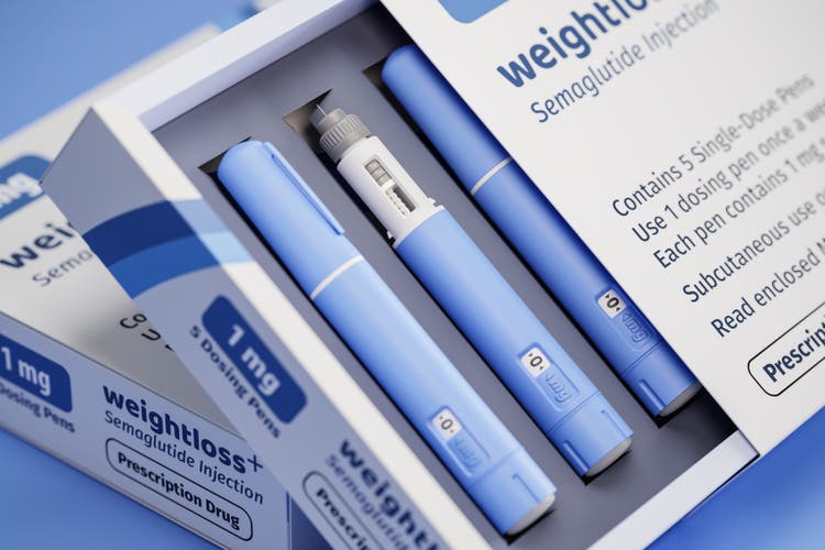 Two packs of 5 dosing pens each of a fictitious semiglutin drug used for weight loss (antidiabetic drugs or anti-obesity drugs) on a transparent blue background.  Fictitious package design