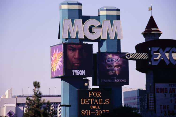 Mike Tyson on MGM sign and MGM Casino in Las Vegas Nevada United States during early 1990s