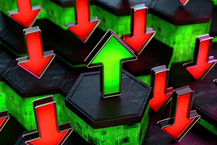 Single Green Arrow Surrounded by Red Down Arrows on an Abstract Hexagonal Surface