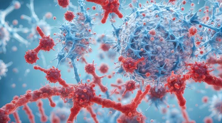 3D virus cells attacking a DNA strand