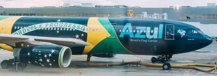 Brazilian airliner Azul with aircraft Airbus A330-200 parked at Viracopos Airport in Sao Paulo, Brazil