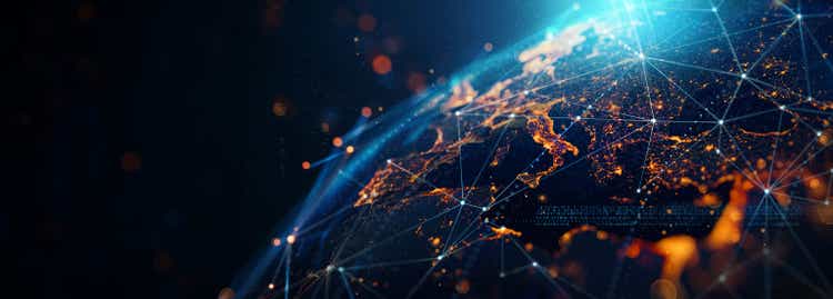 dynamic digital world map emphasize Western Europe continental for AI powered global network and connectivity big data transfer and cyber technology network information exchange and telecommunication concept.