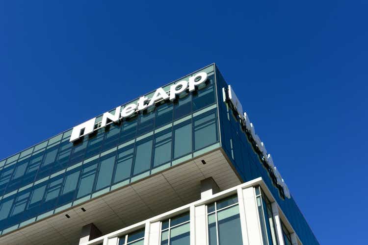 NetApp sign, logo on headquarters of software company