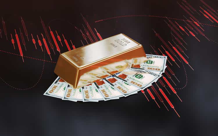 Stack of 100 Dollar Bills in Fan Shape and Gold Bullion on Financial Chart Background